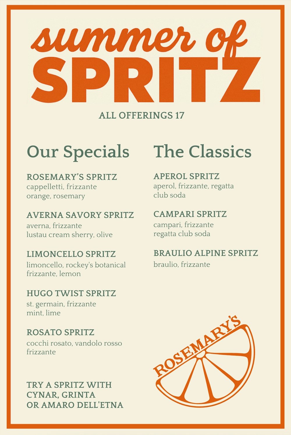 Rosemary's Summer of Spritz menu listing house special and classic spritzes for summer 2025