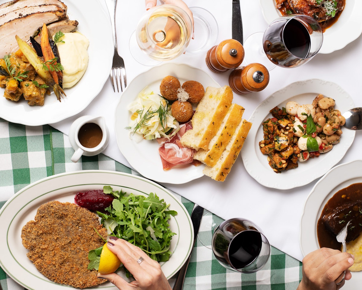A spread of Thanksgiving dishes served family-style at Rosemary's
