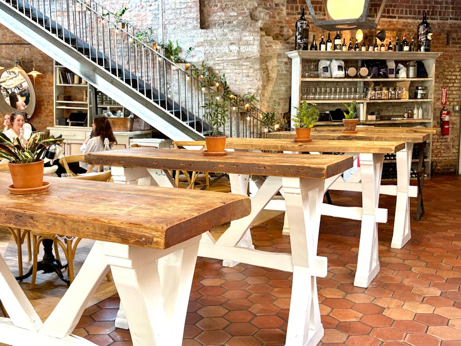 Standing wine bar tables at Rosemary's in the West Village.