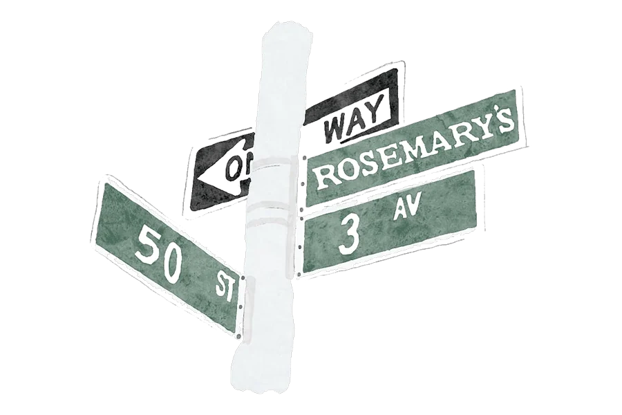 Illustration of New York street signs marking the corner of Rosemary's Midtown.