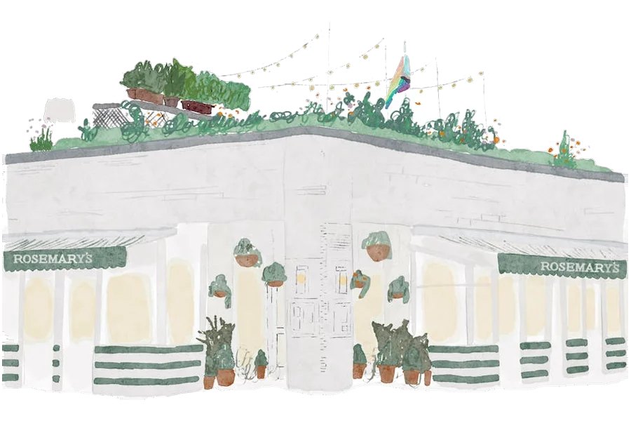 Illustration of the exterior of Rosemary's in the West Village showing the restaurant, as well as vegetation growing in the rooftop garden.